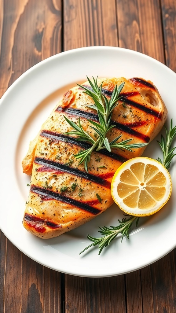 Grilled chicken breast seasoned with herbs, garnished with rosemary and lemon on a rustic table.